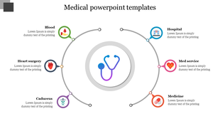 Circular medical diagram with stethoscope icon at the center and six healthcare-related icons and captions areas.