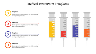 Medical template with four syringes filled with yellow, red, blue, and orange liquid, and captions on the left side.