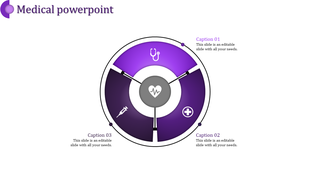 Medical themed slide with a three segmented circular design featuring a heart icon at the center.