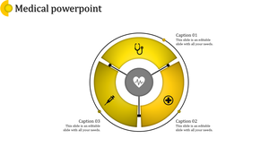 Medical template displaying a segmented yellow circular chart with healthcare icons and connected captions areas.