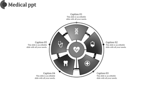 Medical PPT slide featuring circular icons representing healthcare elements like stethoscope, DNA, and health symbols.