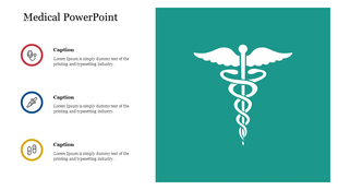 Medical infographic with a teal background featuring a white caduceus symbol and captions in red, blue, and yellow circles.