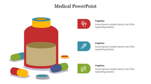 A medical themed PowerPoint slide with a pill bottle and colorful capsules, along with captions.