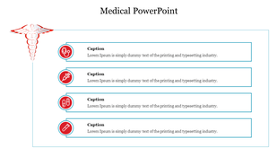 Medical slide with four teal outlined horizontal text boxes featuring red icons on the left and a caduceus symbol at the top.