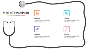Medical slide with a stethoscope border and four colorful square icons in orange, blue, teal, and pink, arranged in a grid.