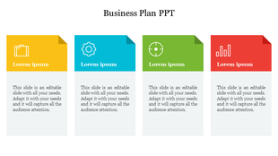 A colorful business plan slide featuring icons for a camera, gear, compass, and bar chart with text placeholders.
