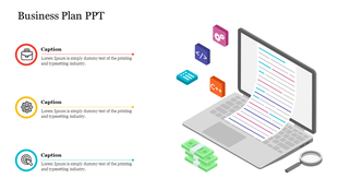 Business template slide showcasing a laptop with a rolling document, coding icons, and financial-related visuals.