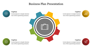 Business plan slide showing a gear icon with four surrounding icons representing key steps with captions.