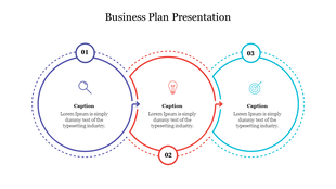 Business plan slide with three connected circular shapes in blue, red, and teal, each containing icons and captions.
