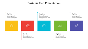 Infographic for business plan with icons in yellow, red, green, blue, and purple squares, each with a descriptive caption.