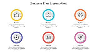 Six circular icons in rows, each with a business-related image, colorful border, and caption space below.
