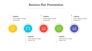 Business themed icons aligned in a row, with colorful borders and labeled captions connected by dotted lines.