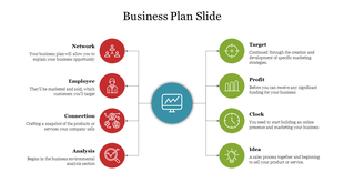 Business plan slide with a central blue icon connected to red and green circles with descriptions on both sides.