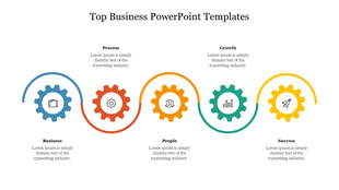 Business slide with a wavy line connecting gears in blue, red, orange, green, and yellow, representing business processes.