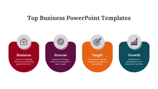 Colorful business template with icons and captions for business, process, target audience, and growth strategies.