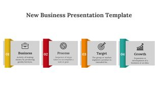 Four blocks titled business, process, target, and growth with icons like a briefcase, gear, target, and chart.