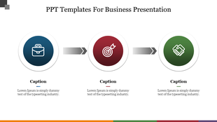 Business themed slide with circular icons representing objectives and actions, linked by a directional flow of arrows.
