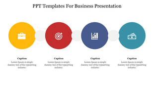 Business slide with four colored circles in yellow, red, blue, and teal, each with an icon and caption below.