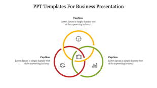 Business slide with three overlapping circles in red, yellow, and green, each containing icons and captions.