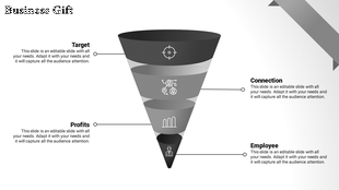 Grayscale funnel design illustrating business processes with sections for target, connection, profits, and employees.