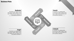 Infographic featuring four gray ribbon design with business related captions and icons arranged around a central circle.