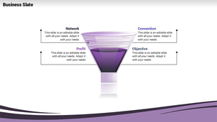 Funnel graphic in gradient purple with four dotted lines connecting to labeled text boxes on each side.