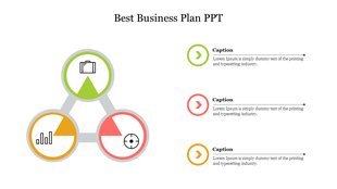 Best business plan slide featuring a triangular design with icons for business, growth, and target, with arrows pointing out.