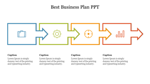 Business plan slide with four connected arrows in blue, green, orange, and red, each containing an icon and caption.