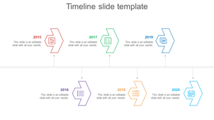 Timeline slide showing a sequence of years from 2015 to 2020, each with an icon and description.