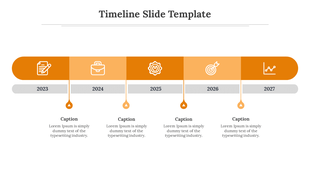 Timeline slide showing years from 2023 to 2027 with icons for each year document, briefcase, gear, target, and graph.