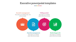 Slide with four colorful circular icons in orange, blue, pink, and green, each labeled with business related captions.