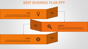 Business plan PPT slide with three sequential steps idea, analysis, and target, displayed in orange banners with icons.