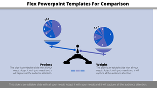 Comparison slide with two blue pie charts balanced on a scale against a light background and clear text areas below.