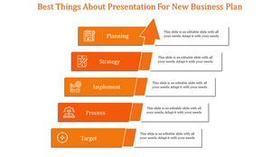 An orange PowerPoint slide showing the key stages of a new business plan with icons representing each step.