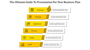 Yellow themed business plan infographic with six labeled steps in a stacked arrow format, each with icons and text box.