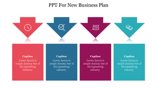 Business plan diagram featuring downward arrows with clock, magnifier, document, and money icons, each with a caption area.