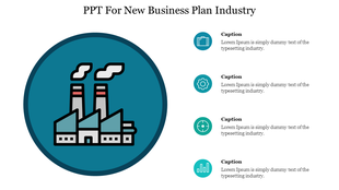 Business plan PowerPoint slide featuring an industrial factory icon and three placeholder captions for content.