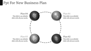 Business plan slide with four-step circular infographic with gradient icons of a target, pencil, document, and brain.