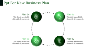 PPT slide featuring four green icons representing business plans, arranged in a circular pattern with placeholder text.