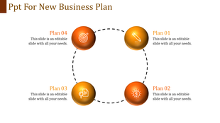 Circular diagram for business plan with orange icons a target, pencil, brain, and document, connected by dotted lines.