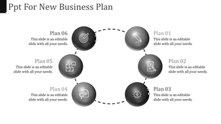 Circular layout with six gray glossy spheres connected by dashed lines, each containing white icons and captions.
