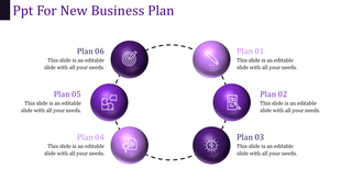 Circular layout with six purple glossy spheres connected by dashed lines, each containing white icons and captions.