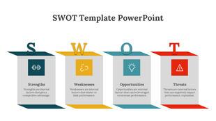 SWOT layout with stylized letters S, W, O, T atop colored sections, each showcasing icons and placeholders text areas.
