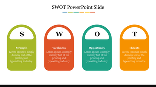 SWOT template with rounded shapes in green, red, teal, and orange with caption areas for key categories.