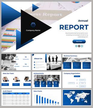 Annual report slide deck with blue theme, featuring team profiles, company data, charts, achievements, and a world map.