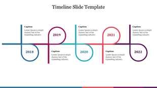 Colorful timeline slide showing four years 2018 and 2022 with caption placeholders and color schemes for each year.