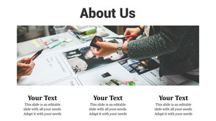 About us slide featuring hands working with photos and design materials, with three text boxes below on a white background.
