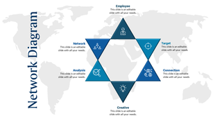 Hexagonal star shaped network diagram with six blue sections, featuring icons, over a world map background.