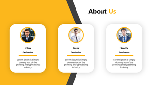 About Us PPT slide showcasing three team members John, Peter, and Smith, with their destinations and descriptions.