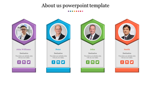 About us slide featuring four team members with names and roles in colored hexagonal frames, including social media icons.